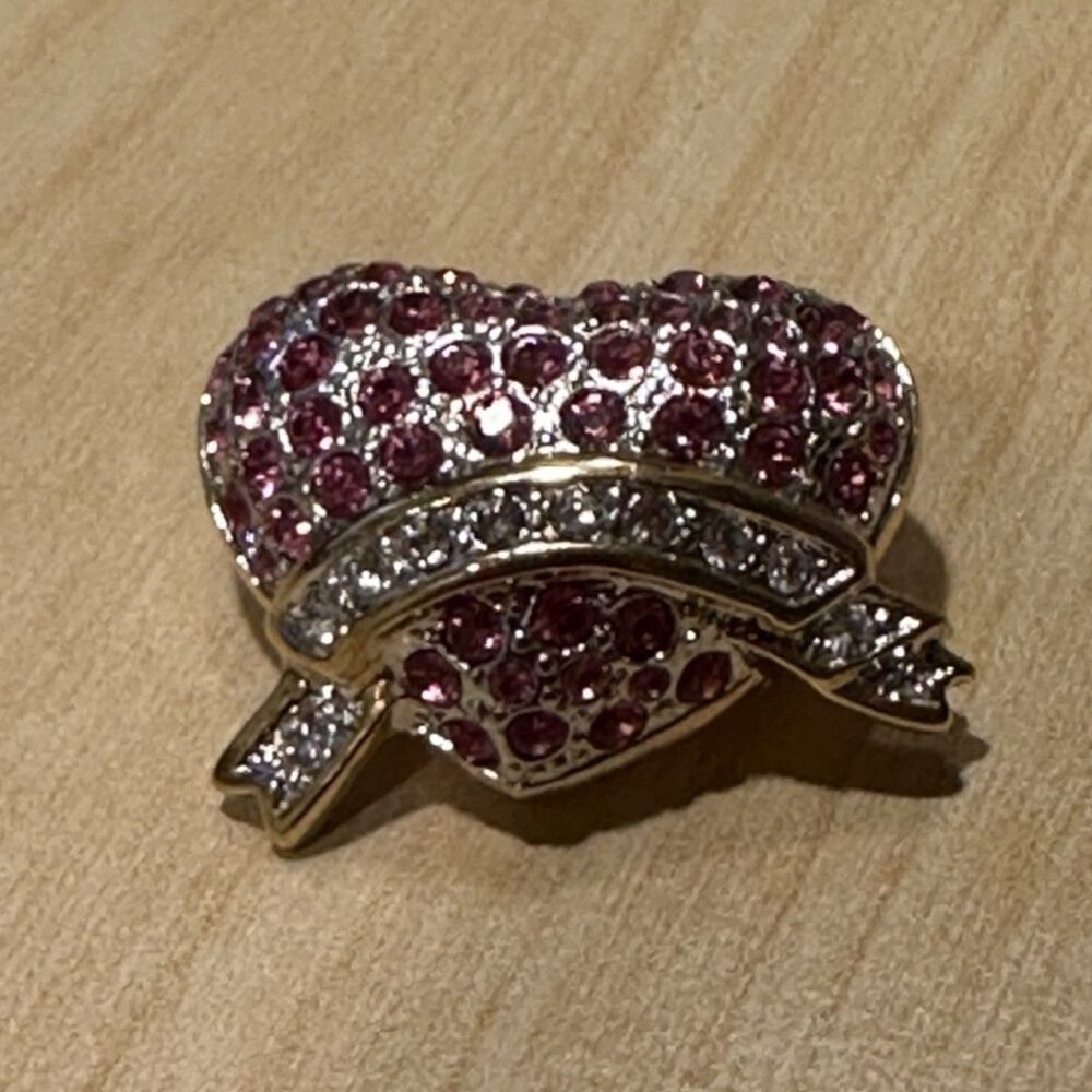 Pink Crystal Heart Ribbon Brooch Pin Gold Tone Rhinestone Valentine